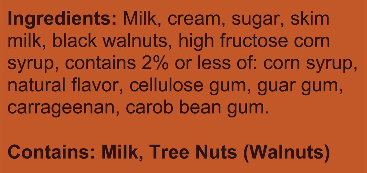 Blue Bell Black Walnut Ice Cream Pints Ingredient Listing and Allergens stating 'Contains: Milk, Tree Nuts (Walnuts).'