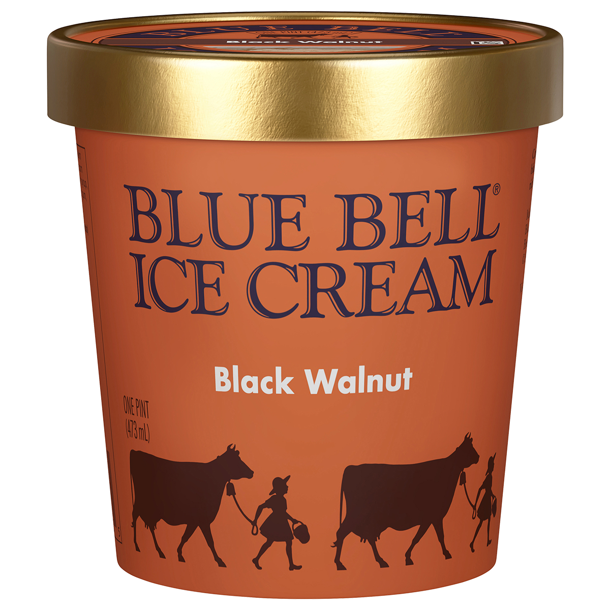Pint of Blue Bell Black Walnut ice cream in brown carton with gold lid