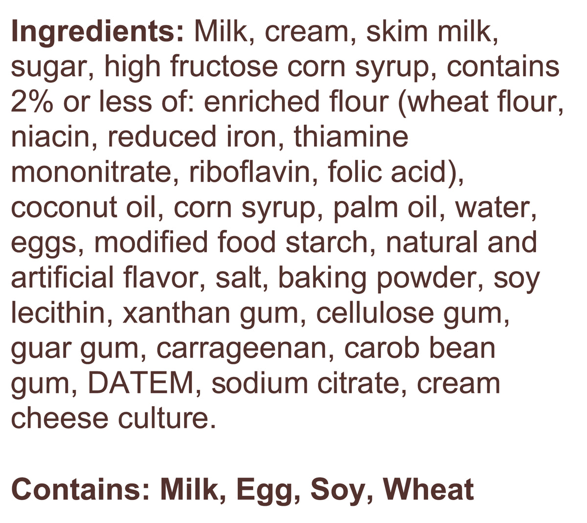 Blue Bell Bride's Cake Ice Cream Pints Ingredient Listing and Allergens stating 'Contains: Milk, Egg, Soy, Wheat.'