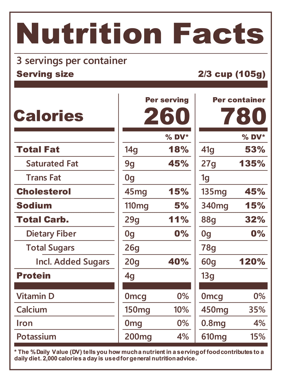 Blue Bell Bride's Cake Ice Cream Pints Nutrition Facts label showing a serving size of 2/3 cup (105g) with 260 calories, listing nutrients such as total fat, cholesterol, sodium, and protein per serving.