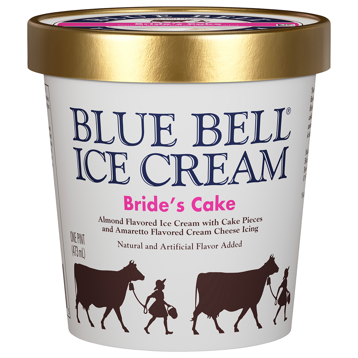 Pint of Blue Bell Bride's Cake ice cream in white carton with gold lid