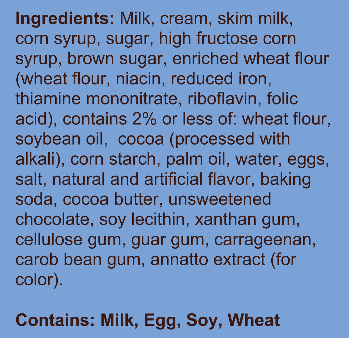 Blue Bell Brookie À la Mode Ice Cream Pints Ingredient Listing and Allergens stating 'Contains: Milk, Egg, Soy, Wheat.'