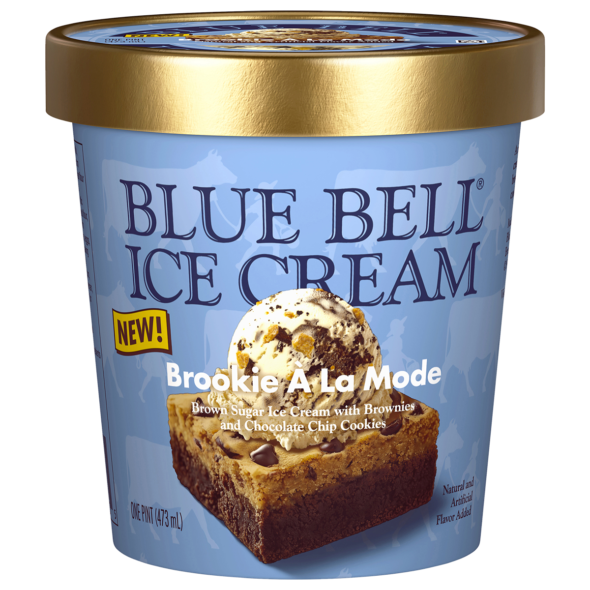 Pint of Blue Bell Brookie A La Mode ice cream in blue carton with brookie and ice cream scoop with gold lid