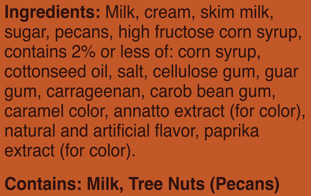 Blue Bell Buttered Pecan Ice Cream Pints Ingredient Listing and Allergens stating 'Contains: Milk, Tree Nuts (Pecans).'