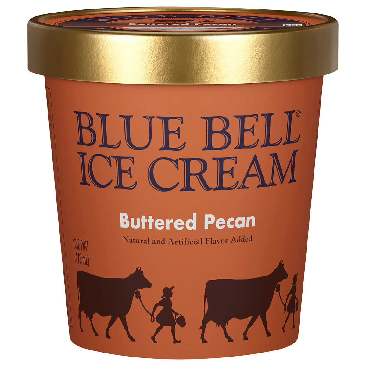 Pint of Blue Bell Buttered Pecan ice cream in brown carton and gold lid