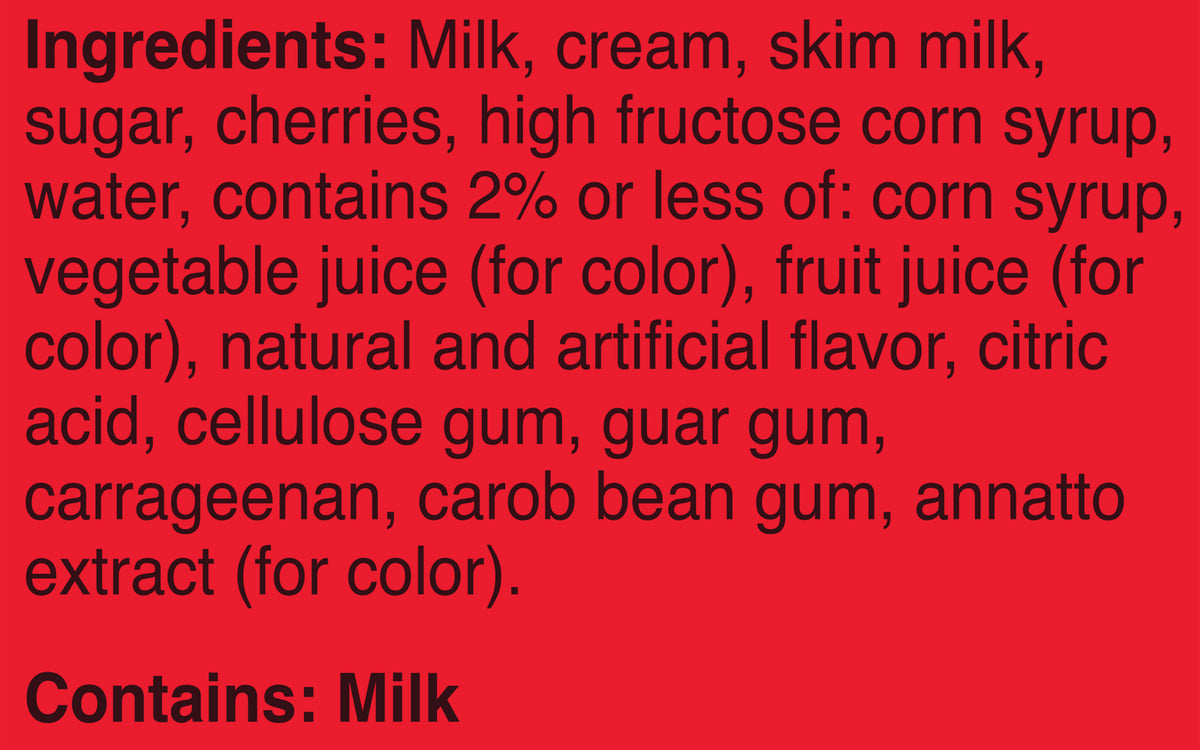 Blue Bell Cherry Vanilla Ice Cream Pints Ingredient Listing and Allergens stating 'Contains: Milk.'