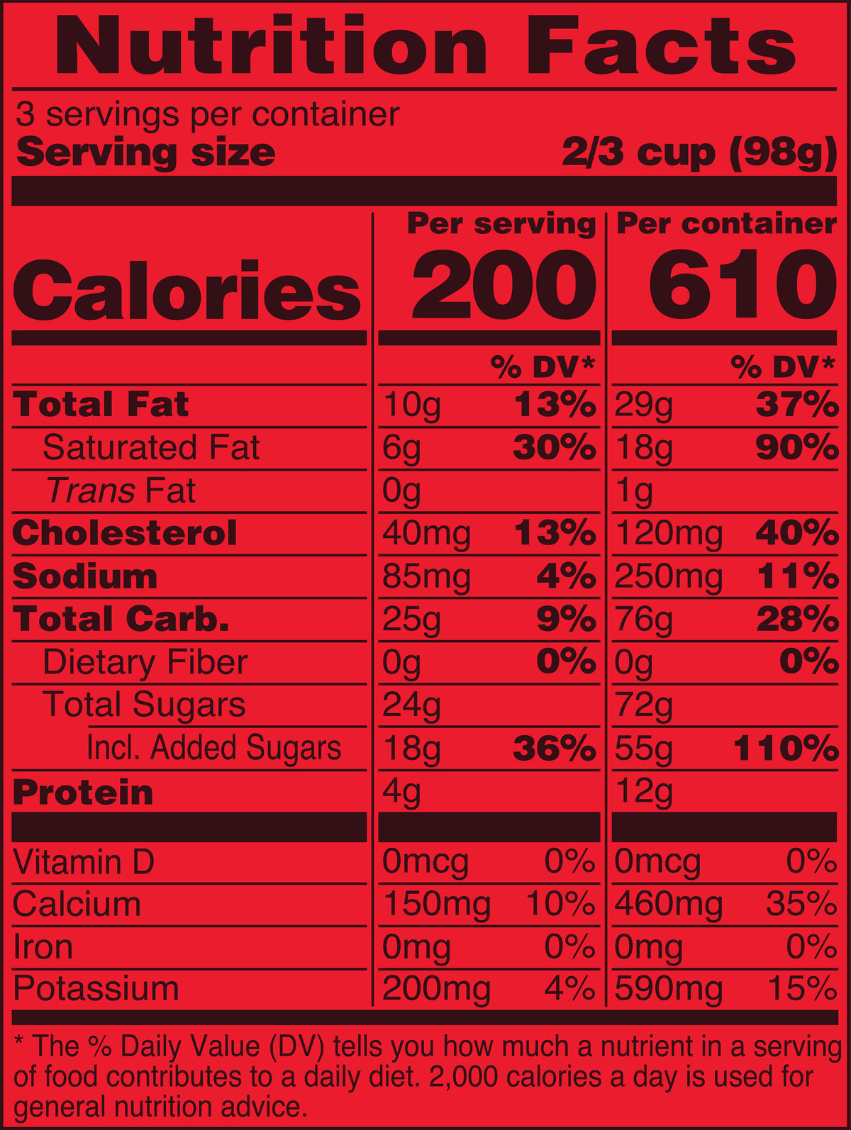 Blue Bell Cherry Vanilla Ice Cream Pints Nutrition Facts label showing a serving size of 2/3 cup (98g) with 200 calories, listing nutrients such as total fat, cholesterol, sodium, and protein per serving.