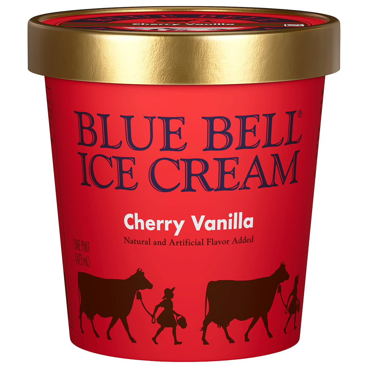 Pint of Blue Bell Cherry Vanilla ice cream in red carton with gold lid