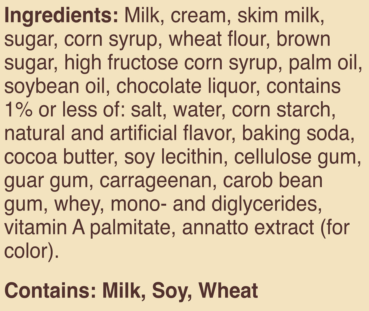 Blue Bell Chocolate Chip Cookie Dough Ice Cream Pints Ingredient Listing and Allergens stating 'Contains: Milk, Soy, Wheat.'