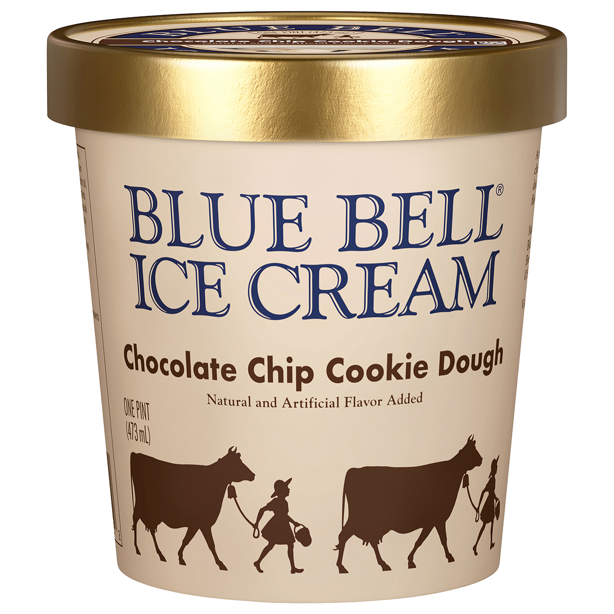 Pint of Blue Bell Chocolate Chip Cookie Dough ice cream in beige carton with gold lid