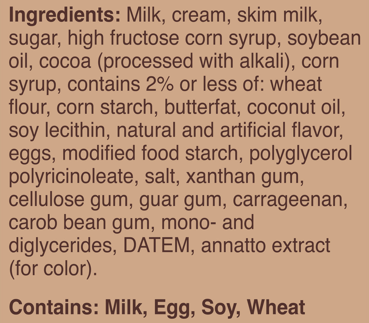 Blue Bell Chocolate Lava Cake Ice Cream Pints Ingredient Listing and Allergens stating 'Contains: Milk, Egg, Soy, Wheat.'