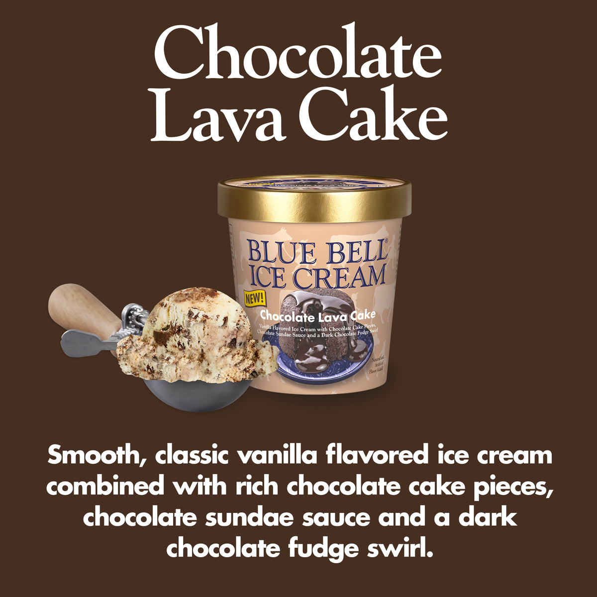 Blue Bell Chocolate Lava Cake Ice Cream Pints Infographic with carton of ice cream, scoop of ice cream in a dipper and flavor description: Smooth, classic vanilla-flavored ice cream combined with rich chocolate cake pieces, chocolate sundae sauce and a dark chocolate fudge swirl.