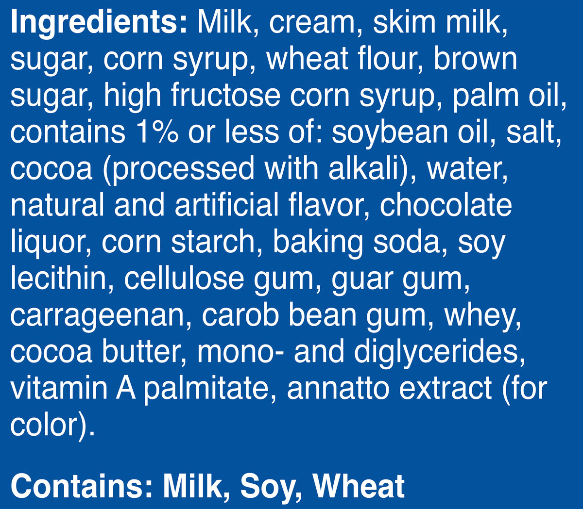 Blue Bell Cookie Two Step Ice Cream Pints Ingredient Listing and Allergens stating 'Contains: Milk, Soy, Wheat.'