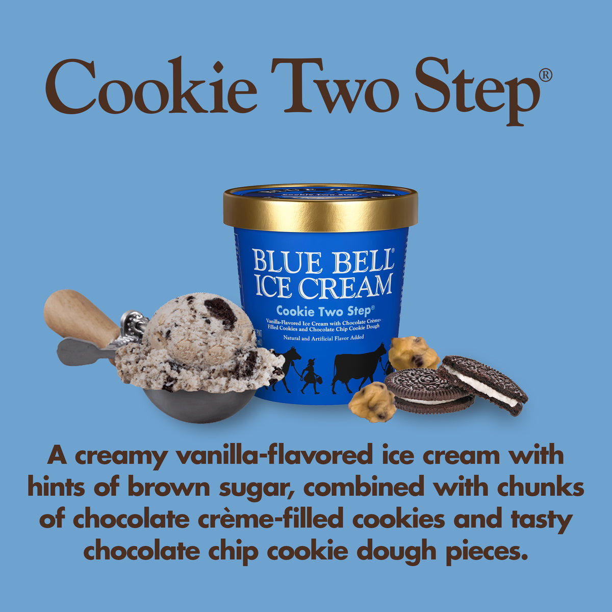 Blue Bell Cookie Two Step Ice Cream Pints Infographic with carton of ice cream, scoop of ice cream in a dipper and flavor description: A creamy vanilla-flavored ice cream with hints of brown sugar, combined with chunks of chocolate crème-filled cookies and tasty chocolate chip cookie dough pieces. 
