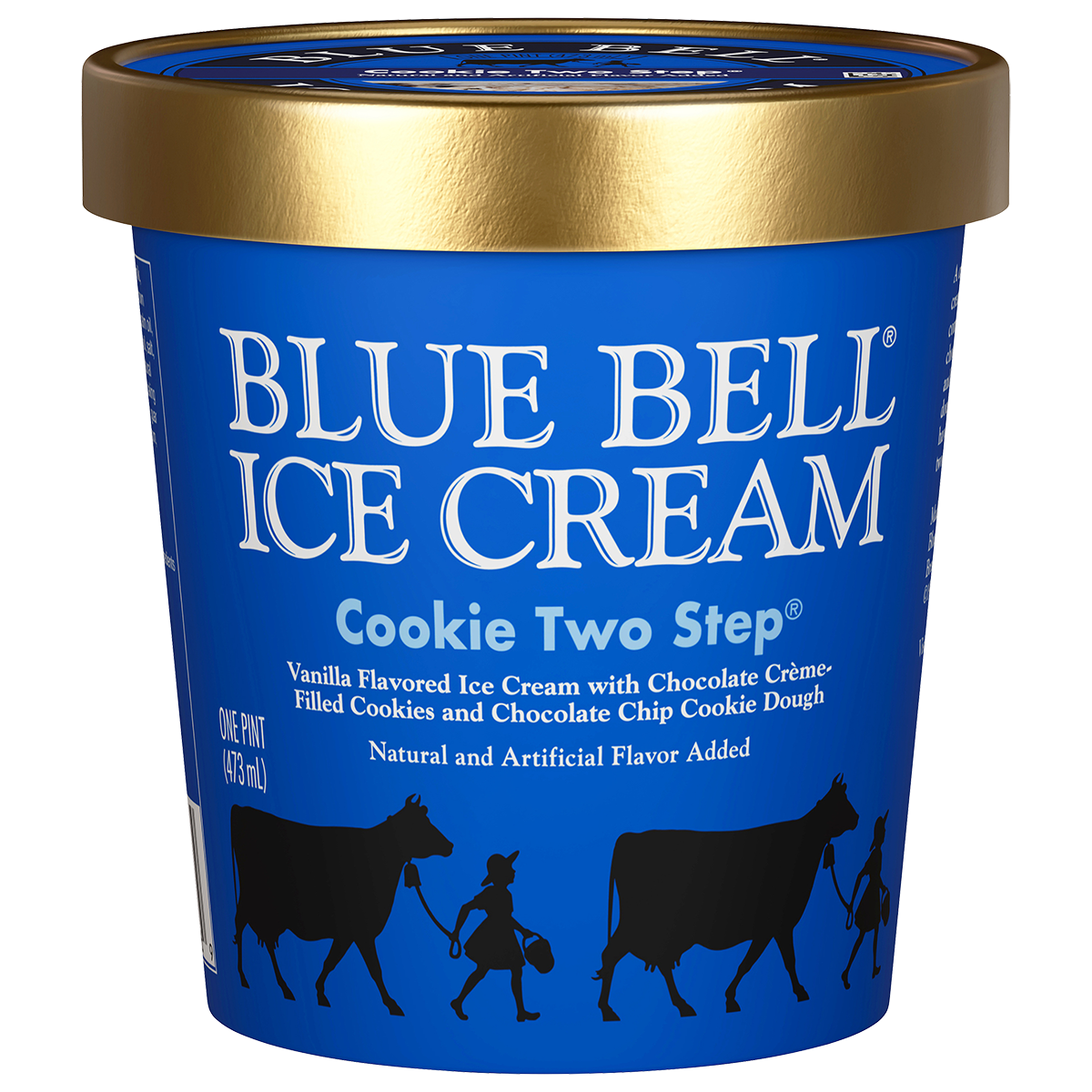 Pint of Blue Bell Cookie Two Step ice cream in blue carton with gold lid