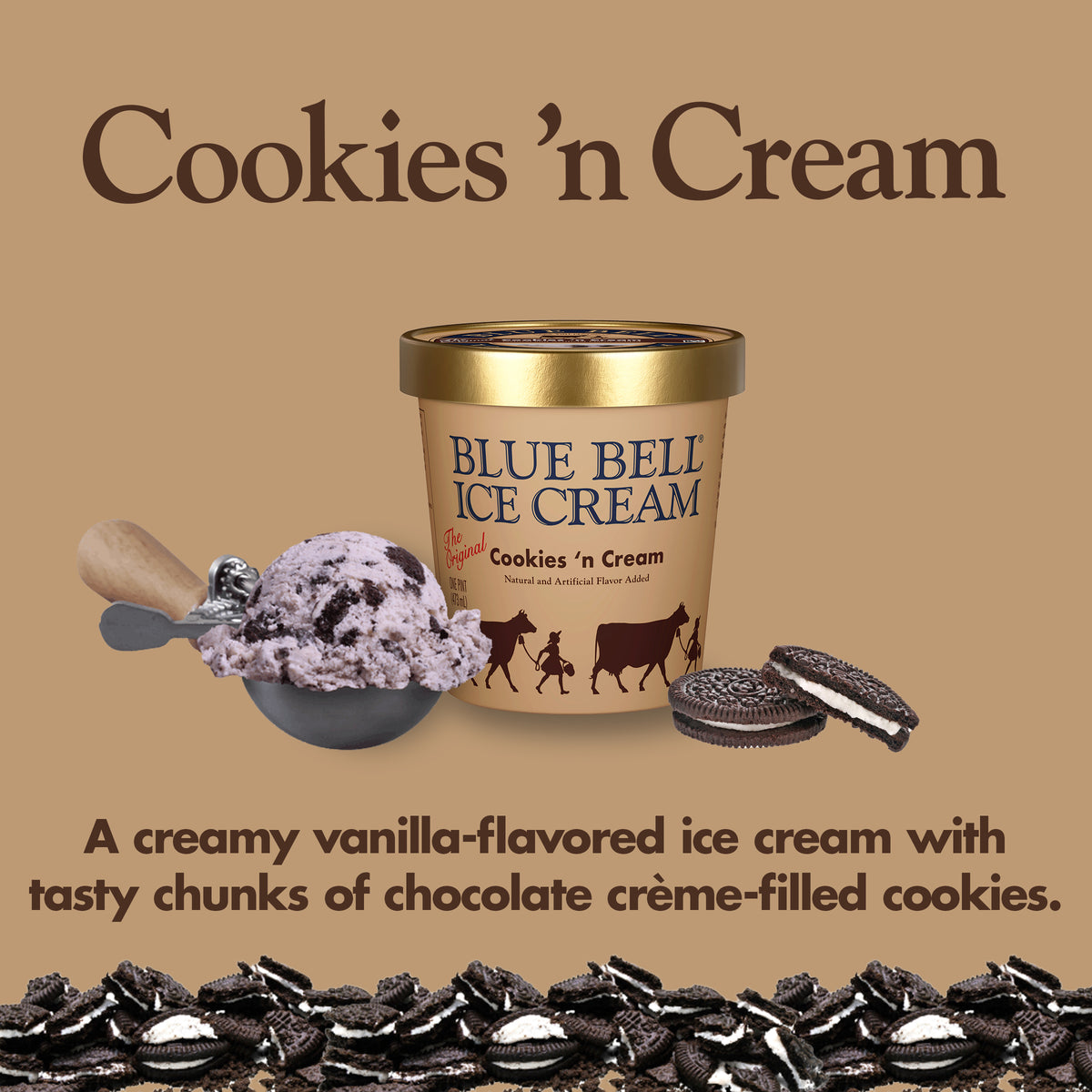 Blue Bell Cookies 'n Cream Ice Cream Pints Infographic with carton of ice cream, scoop of ice cream in a dipper and flavor description: A creamy vanilla-flavored ice cream with tasty chunks of chocolate crème-filled cookies. 