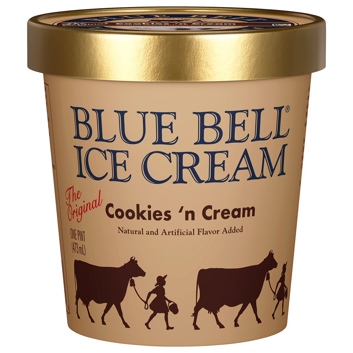Pint of Blue Bell Cookies 'n Cream Cone ice cream in tan carton with gold lid
