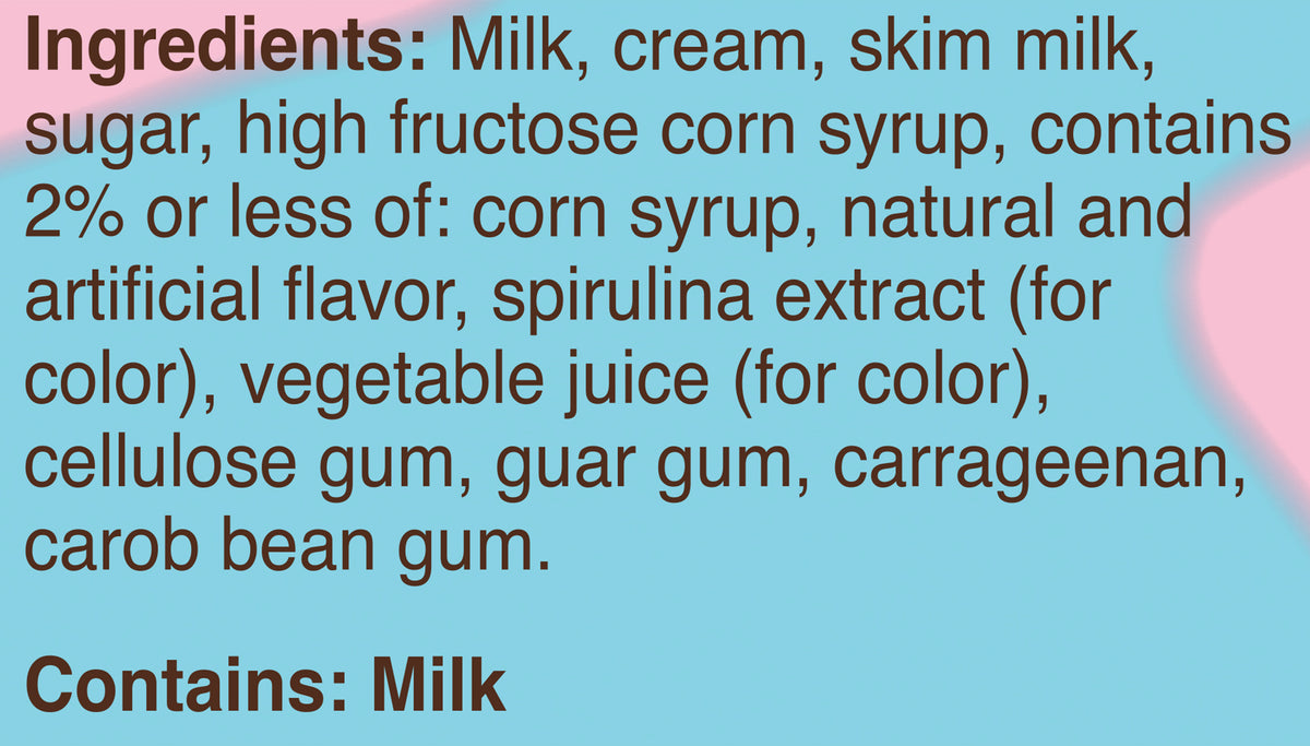 Blue Bell Cotton Candy Ice Cream Pints Ingredient Listing and Allergens stating 'Contains: Milk.'