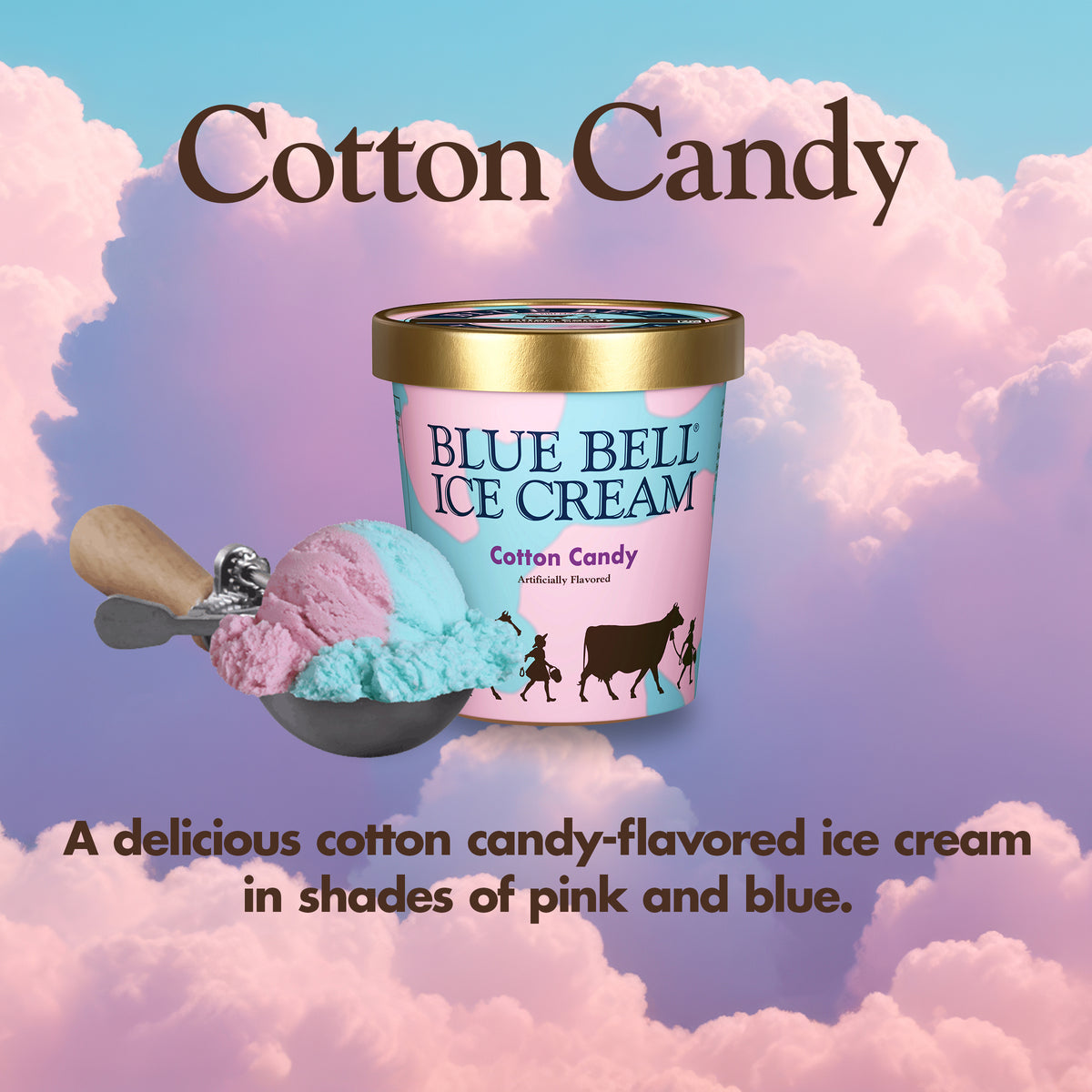 Blue Bell Cotton Candy Ice Cream Pints Infographic with carton of ice cream, scoop of ice cream in a dipper and flavor description: A delicious cotton candy-flavored ice cream in shades of pink and blue. 