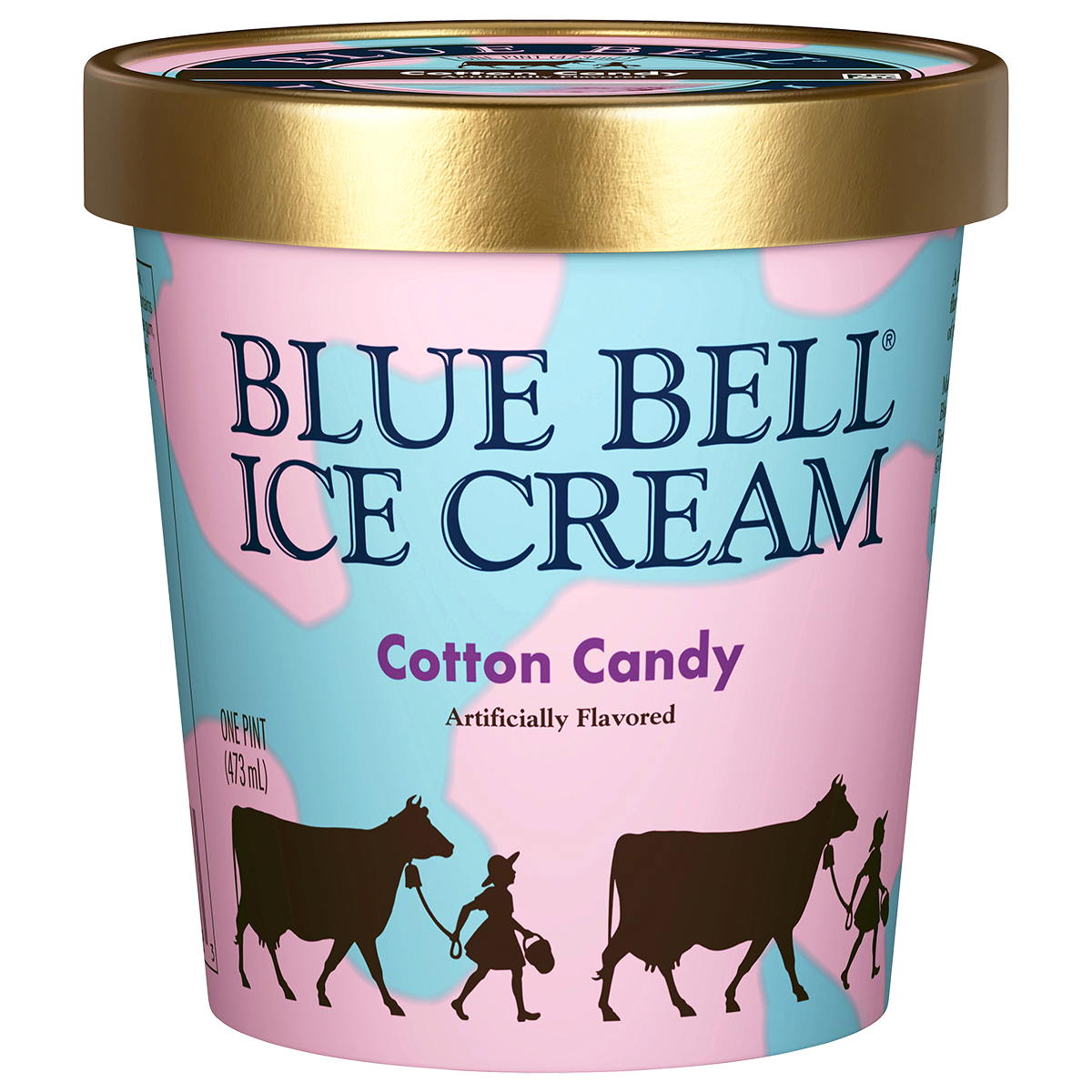 Pint of Blue Bell Cotton Candy ice cream in pink and blue carton with gold lid