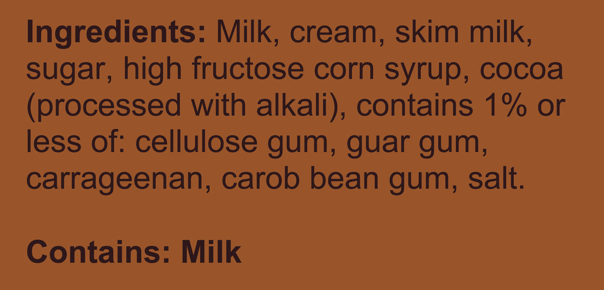 Blue Bell Dutch Chocolate Ice Cream Pints Ingredient Listing and Allergens stating 'Contains: Milk.'