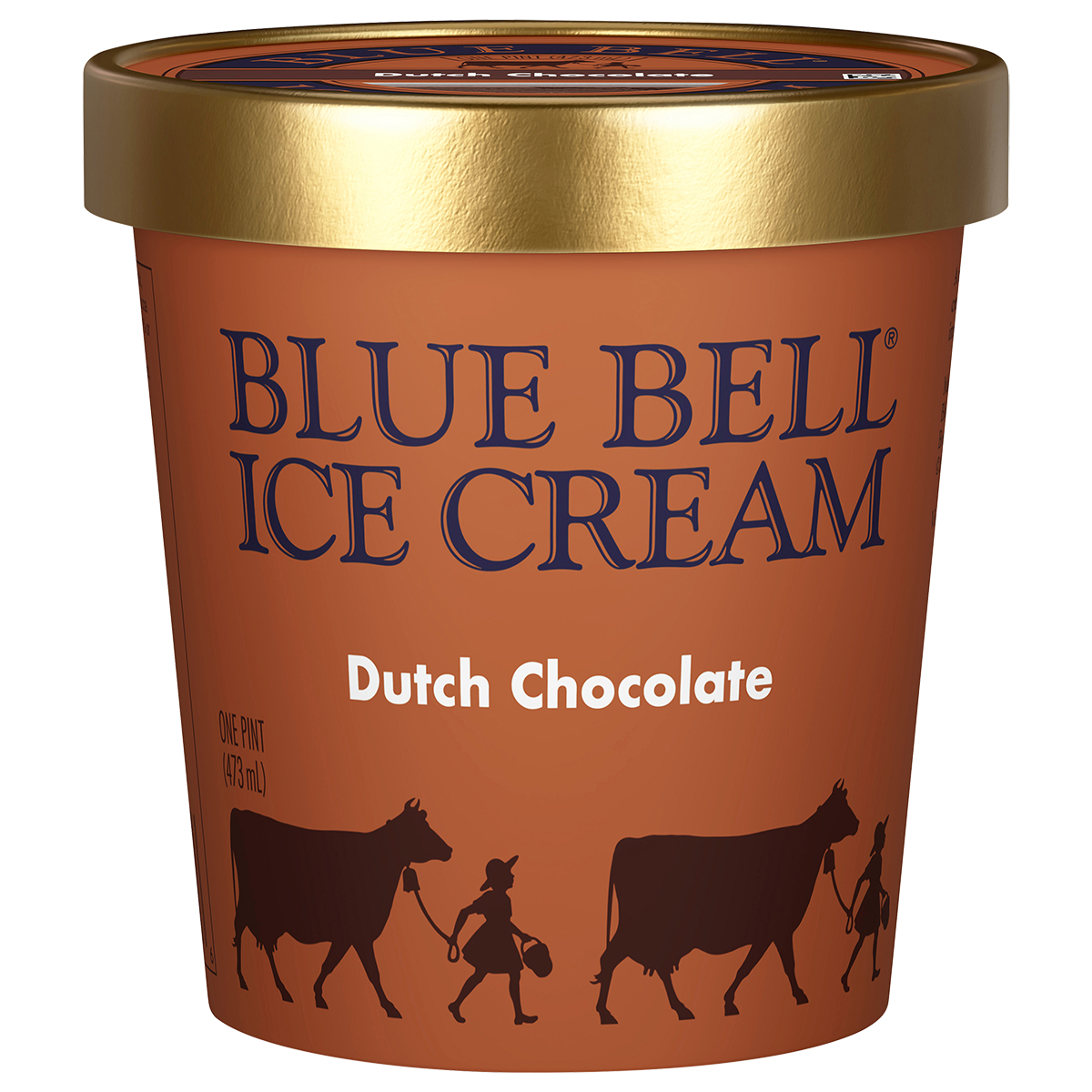 Pint of Blue Bell Dutch Chocolate ice cream in brown carton with gold lid