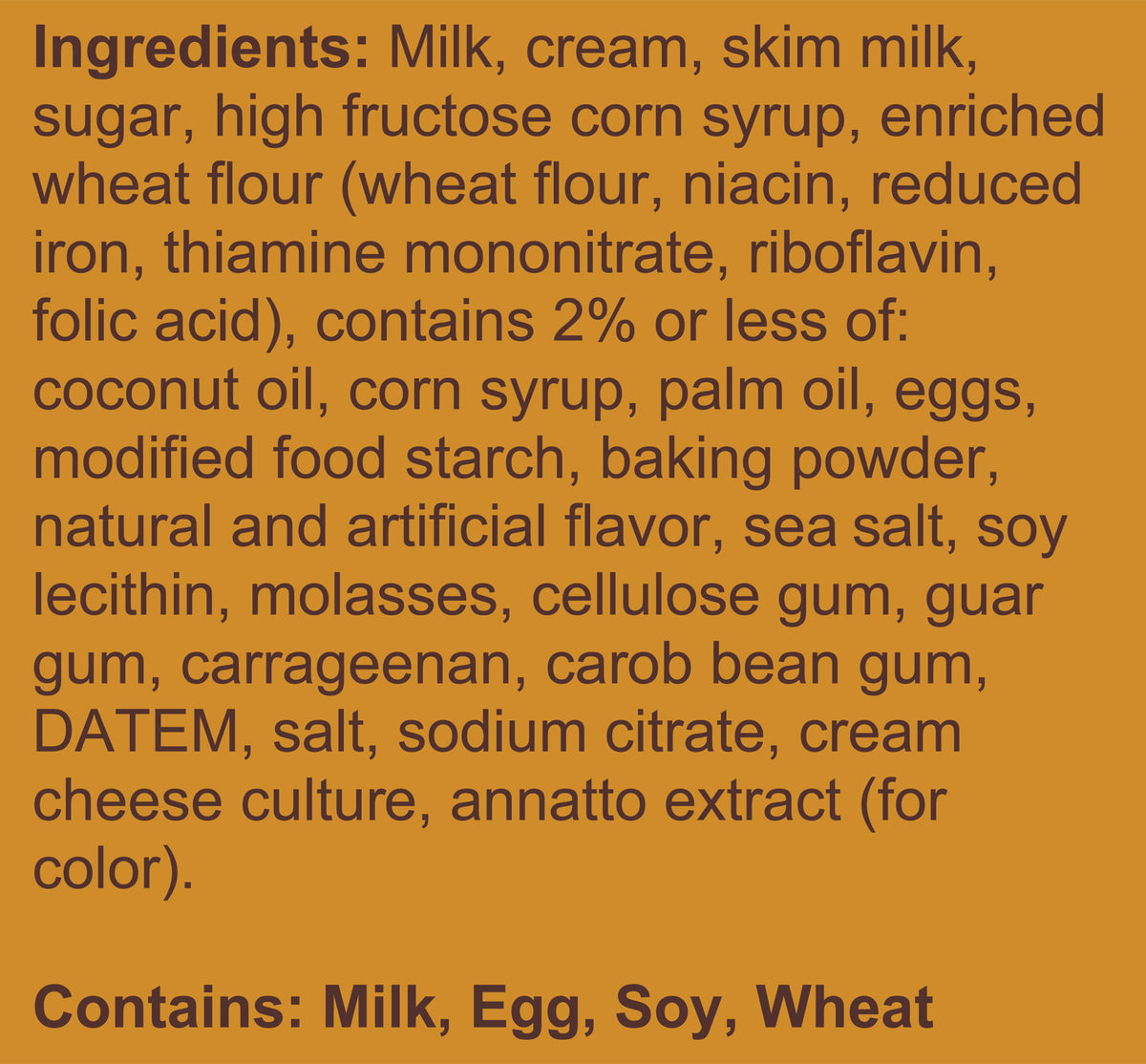 Blue Bell Gooey Butter Cake Ice Cream Pints Ingredient Listing and Allergens stating 'Contains: Milk, Egg, Soy, Wheat.'