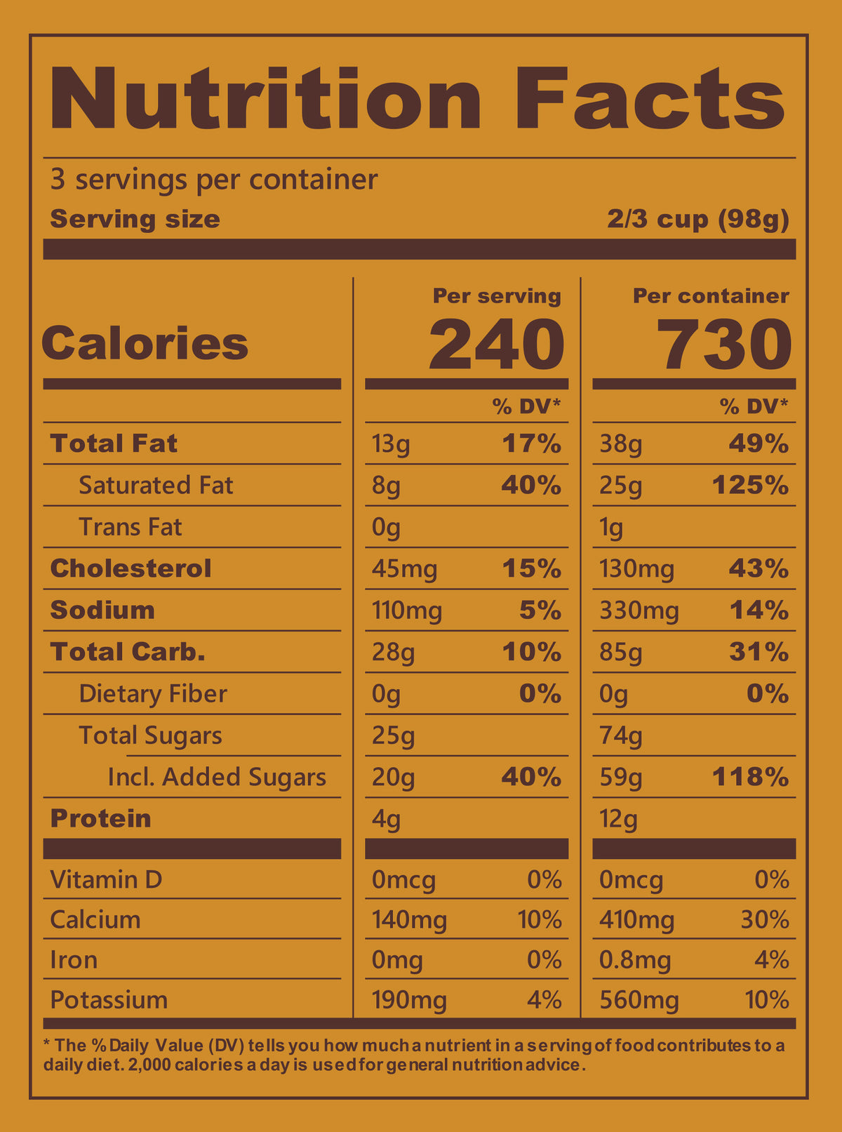 Blue Bell Gooey Butter Cake Ice Cream Pints Nutrition Facts label showing a serving size of 2/3 cup (98g) with 240 calories, listing nutrients such as total fat, cholesterol, sodium, and protein per serving.