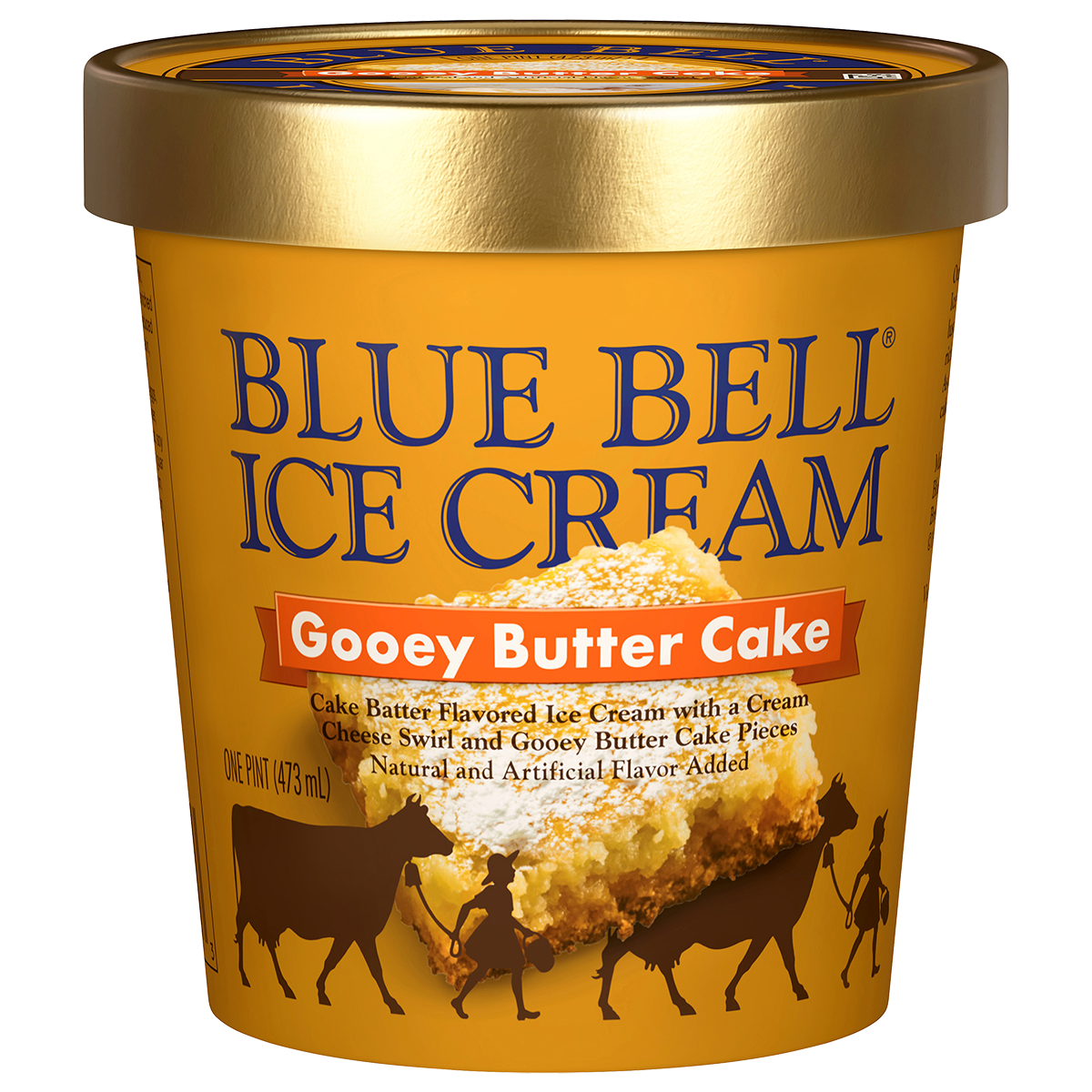 Pint of Blue Bell Gooey Butter Cake ice cream in orange carton with gooey butter cake with gold lid