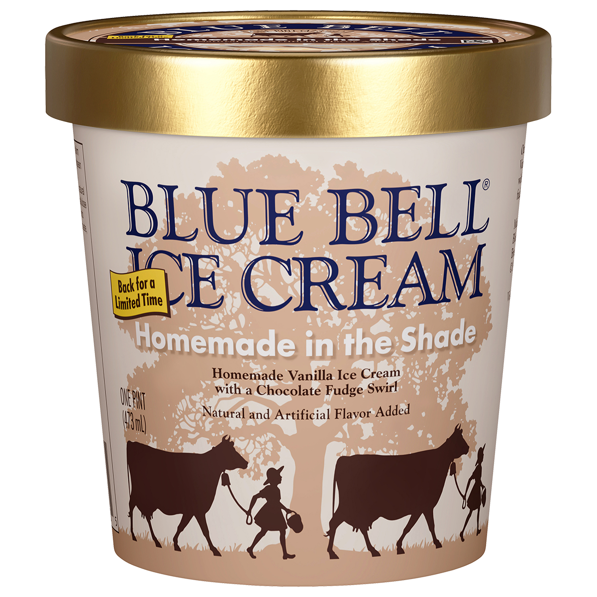 Pint of Blue Bell Homemade in the Shade ice cream in beige carton with tree silhouette with gold lid