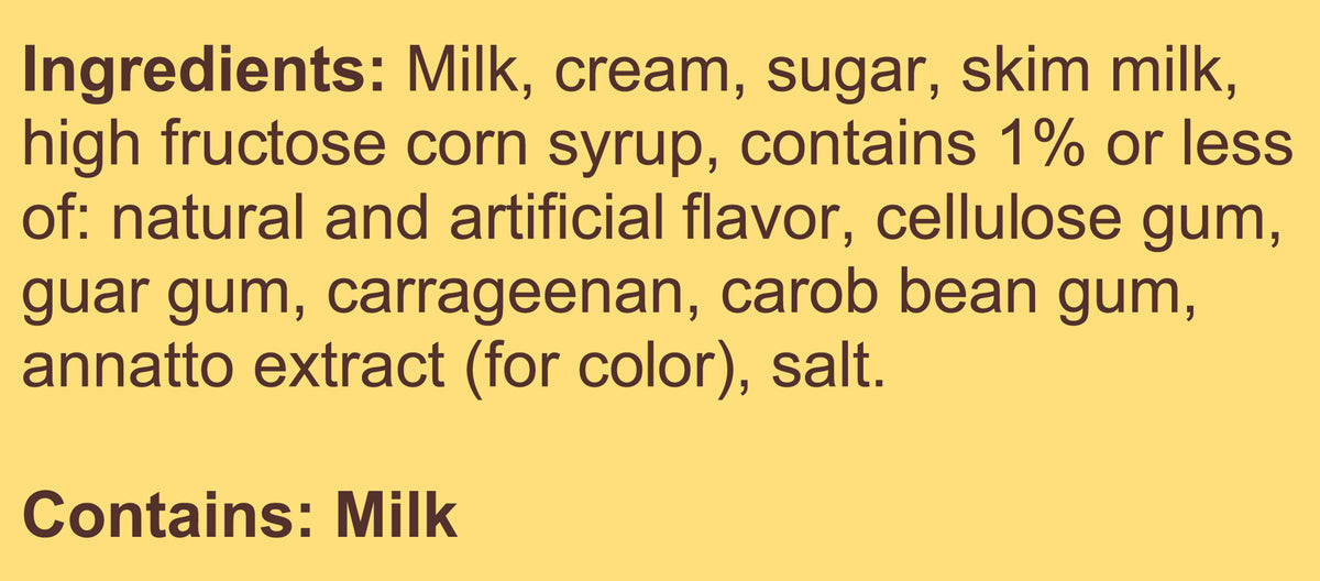 Blue Bell Homemade Vanilla Ice Cream Pints Ingredient Listing and Allergens stating 'Contains: Milk.'