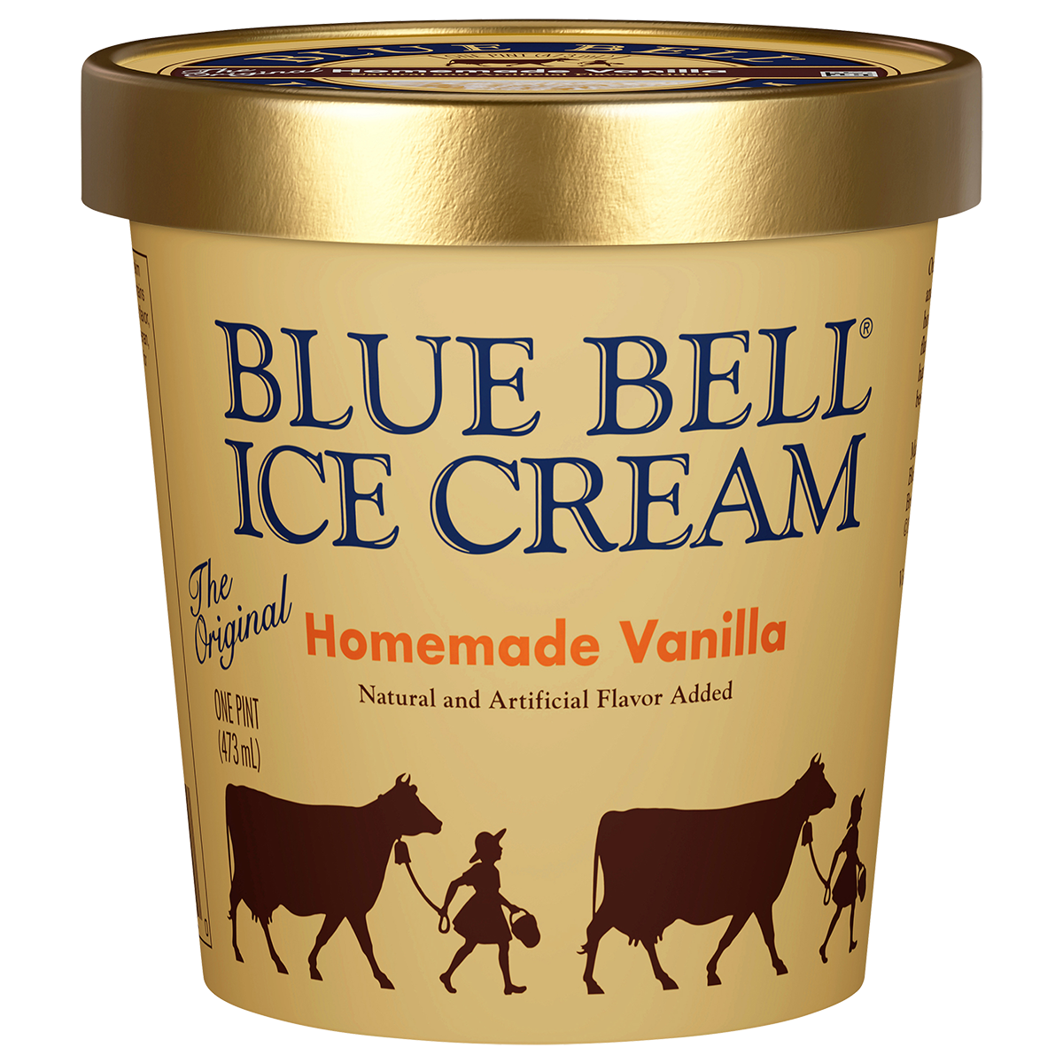 Pint of Blue Bell Homemade Vanilla ice cream in beige carton with gold lid