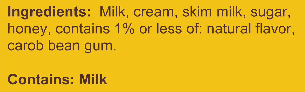 Blue Bell Honey Vanilla Ice Cream Pints Ingredient Listing and Allergens stating 'Contains: Milk.'