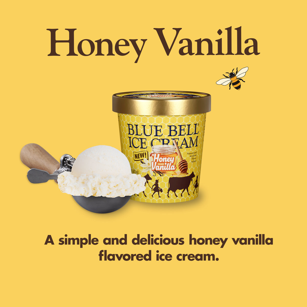 Blue Bell Honey Vanilla Ice Cream Pints Infographic with carton of ice cream, scoop of ice cream in a dipper and flavor description: A simple and delicious honey vanilla-flavored ice cream.