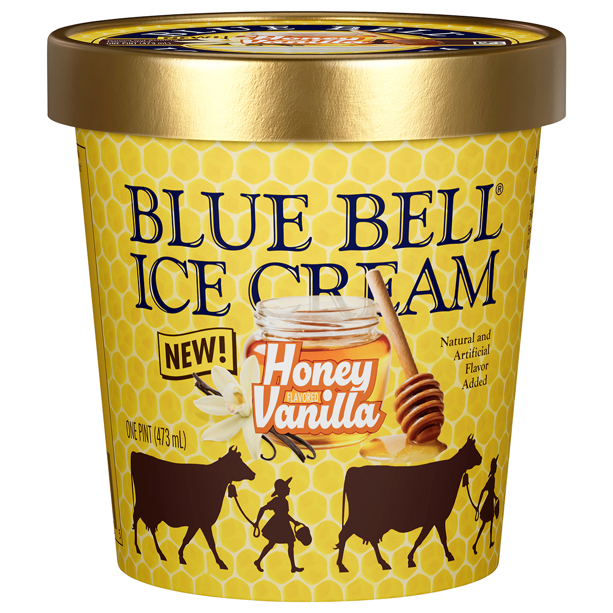 Pint of Blue Bell Honey Vanilla ice cream in yellow carton with gold lid 