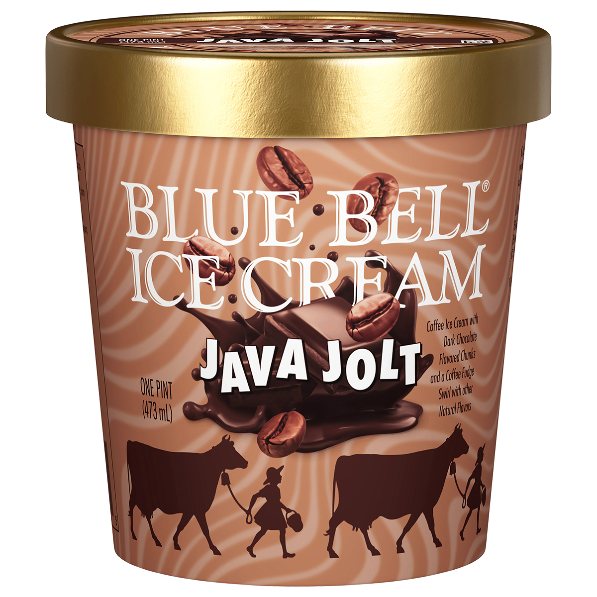 Pint of Blue Bell Java Jolt ice cream in brown carton with gold lid