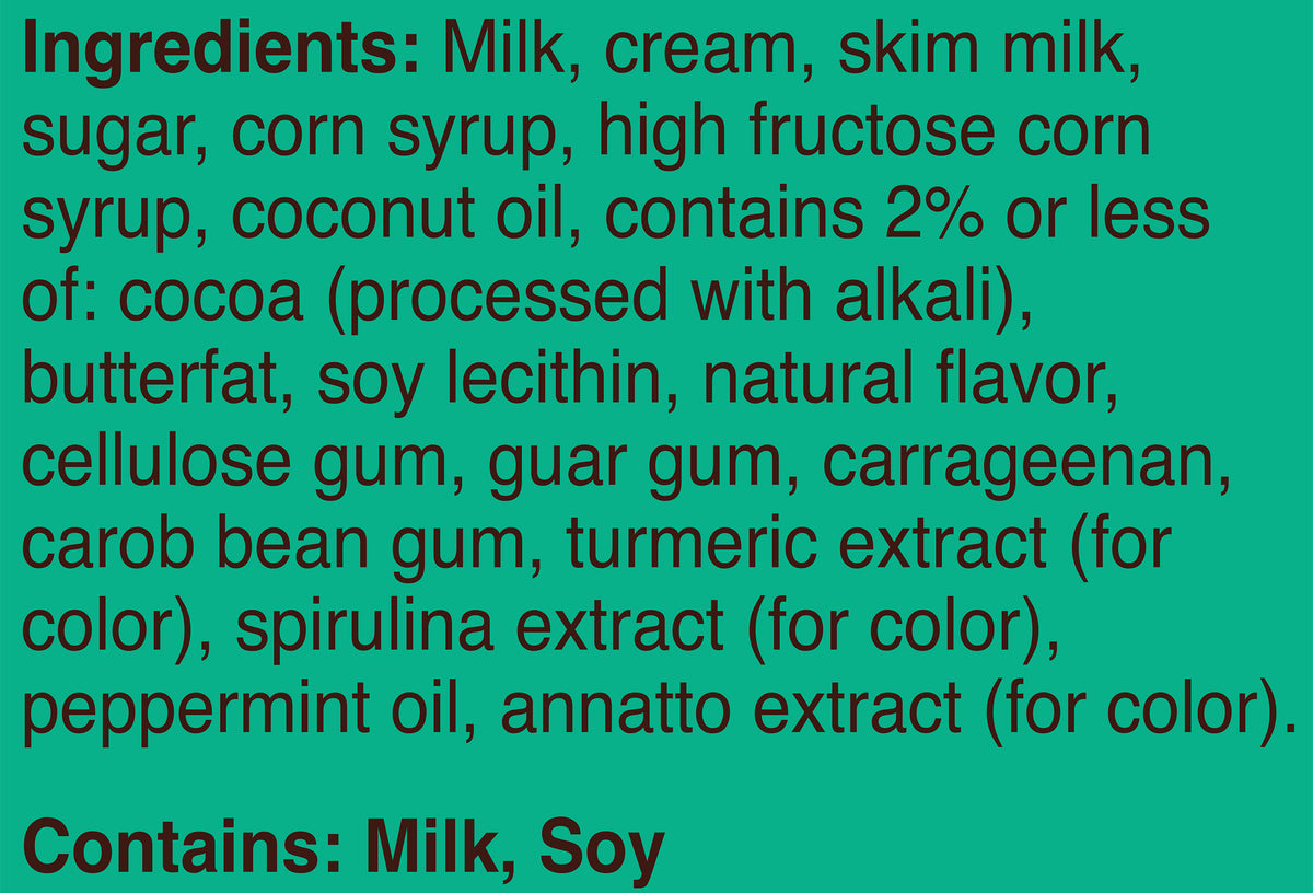 Blue Bell Mint Chocolate Chip Ice Cream Pints Ingredient Listing and Allergens stating 'Contains: Milk, Soy.'