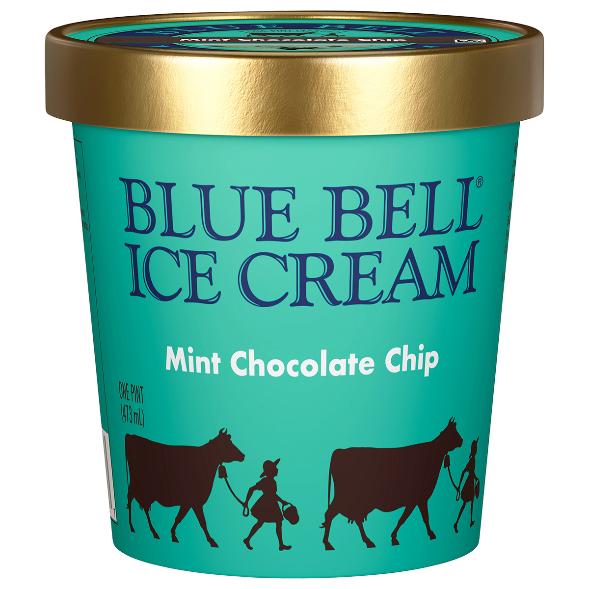 Pint of Blue Bell Mint Chocolate Chip ice cream in green carton and gold lid