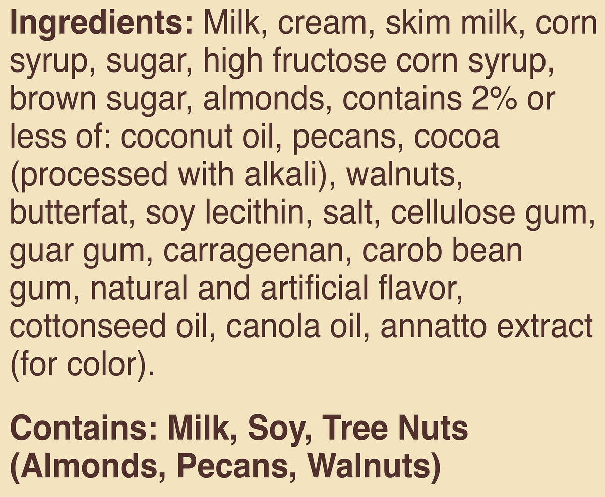 Blue Bell Moo-llennium Crunch Ice Cream Pints Ingredient Listing and Allergens stating 'Contains: Milk, Soy, Tree Nuts (Almonds, Pecans, Walnuts).'