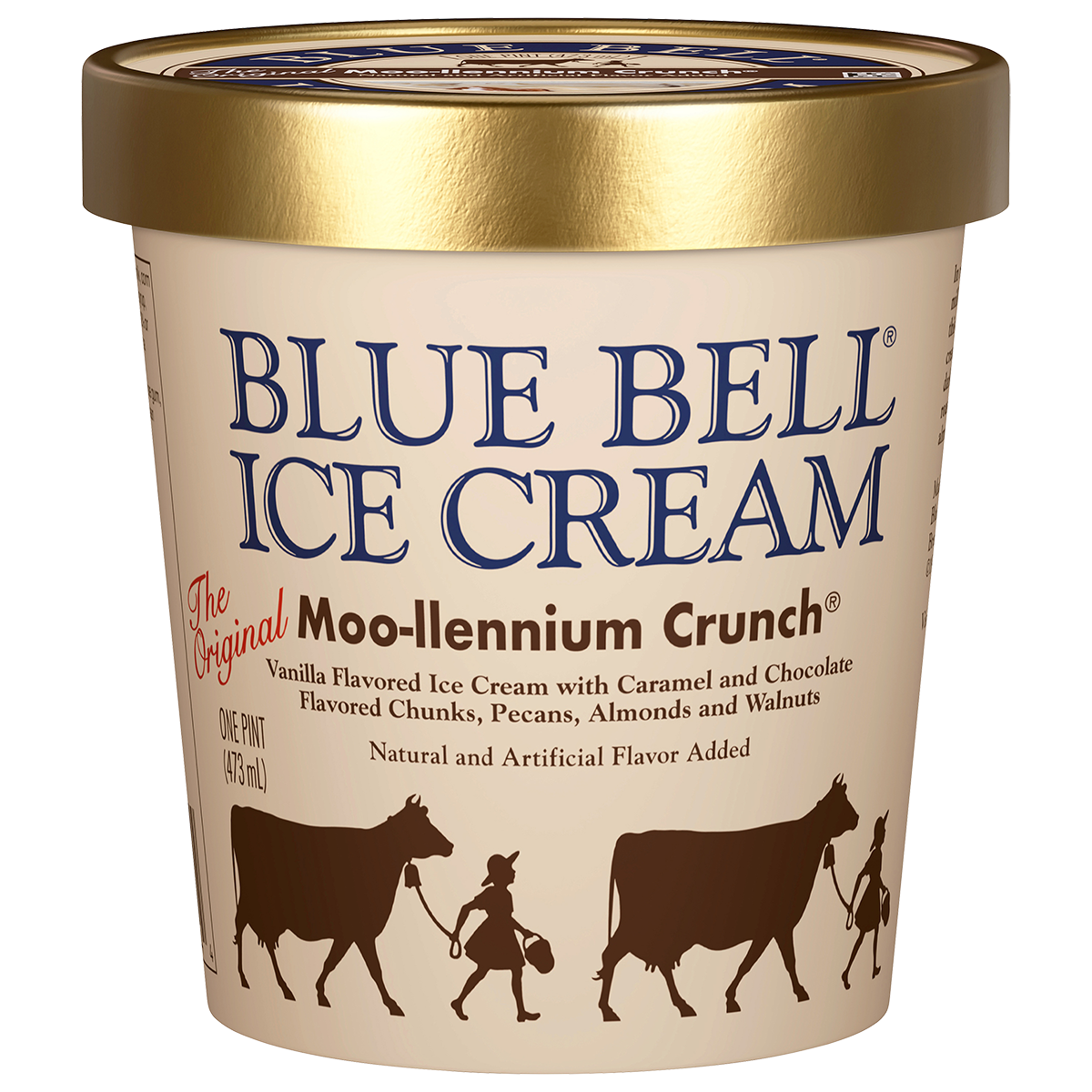 Pint of Blue Bell Moo-llennium Crunch ice cream in tan carton with gold lid