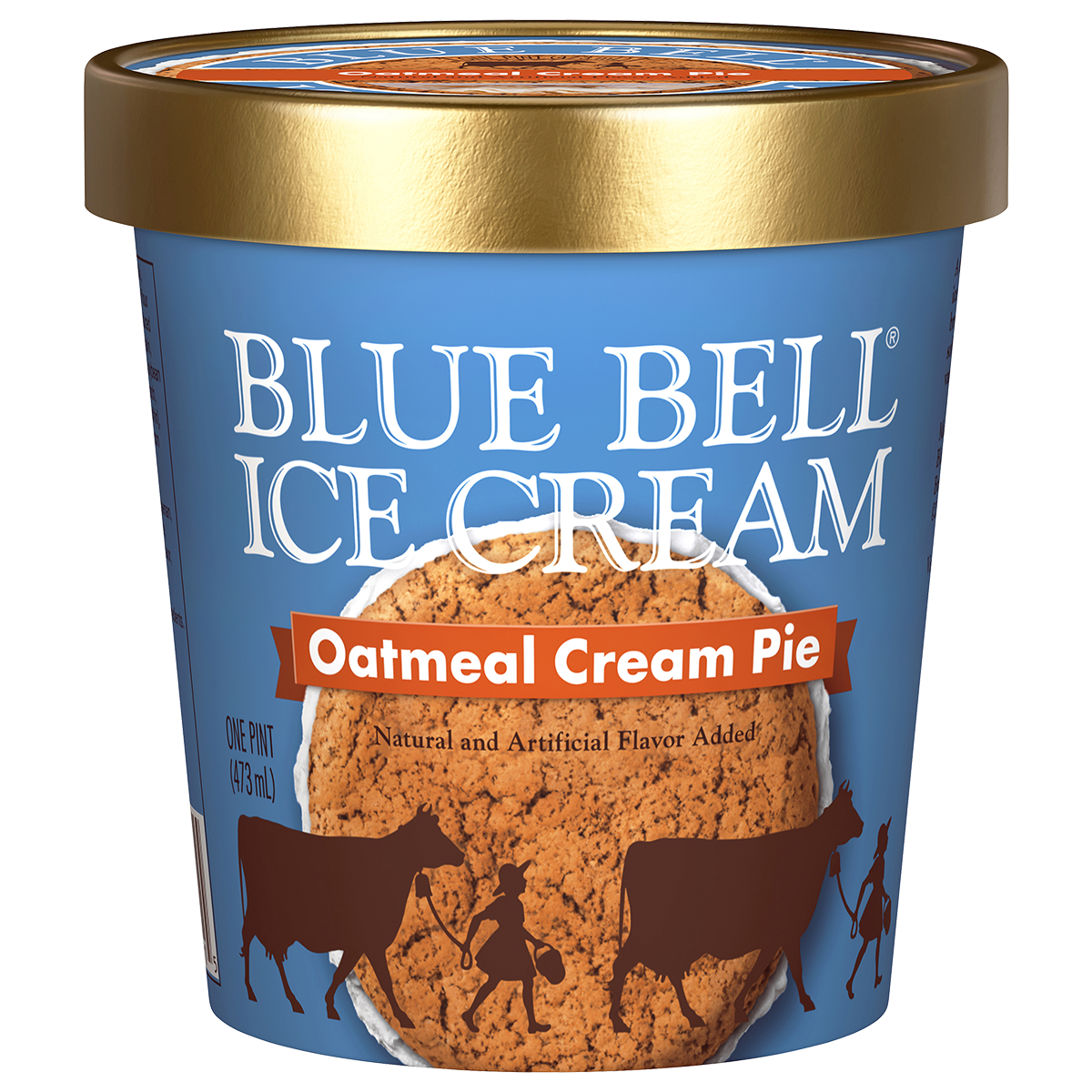 Pint of Blue Bell Oatmeal Cream Pie ice cream in blue carton with oatmeal cream pie cookie with gold lid