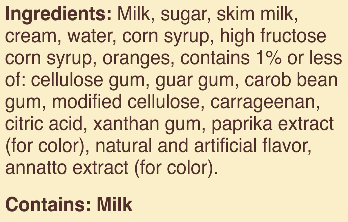 Blue Bell Orange Swirl Ice Cream Pints Ingredient Listing and Allergens stating 'Contains: Milk.'