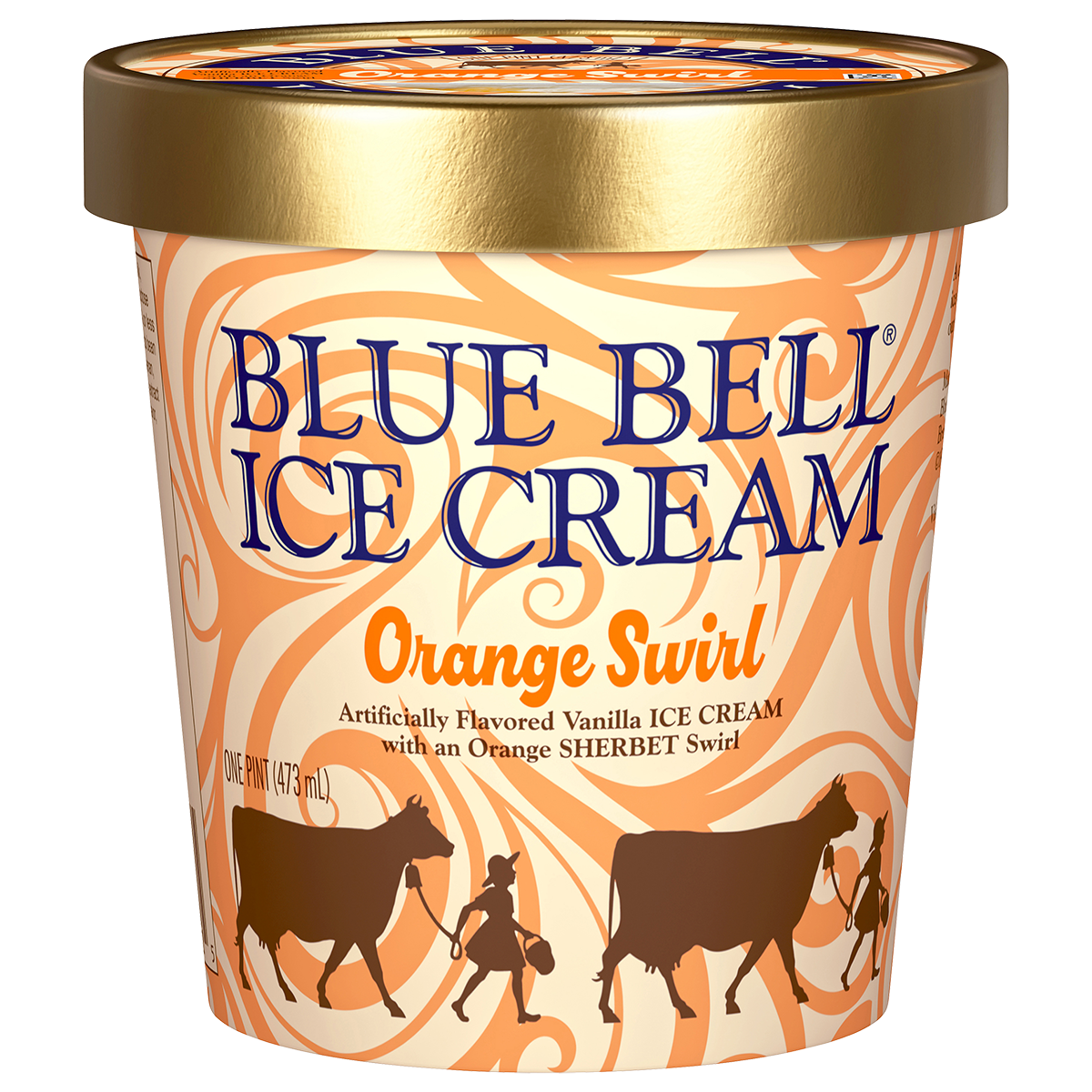 Pint of Blue Bell Orange Swirl ice cream in orange and beige carton with gold lid
