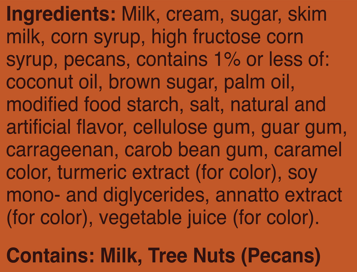 Blue Bell Pecan Pralines 'n Cream Ice Cream Pints Ingredient Listing and Allergens stating 'Contains: Milk, Tree Nuts (Pecans).'
