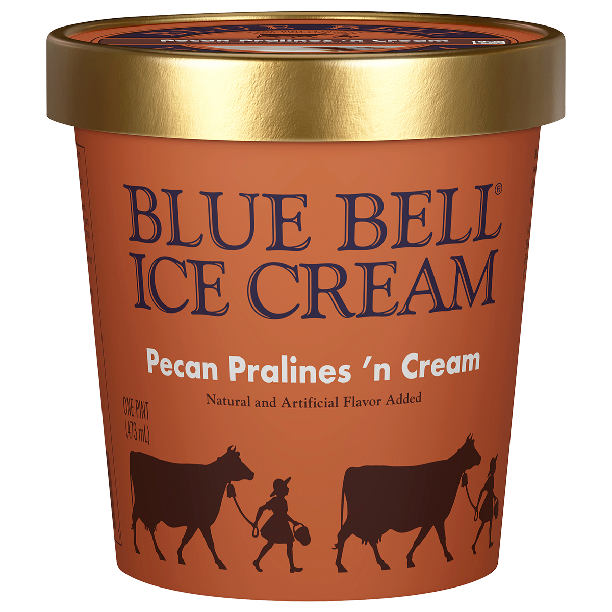 Pint of Blue Bell Pecan Pralines 'n Cream ice cream in brown carton with gold lid 