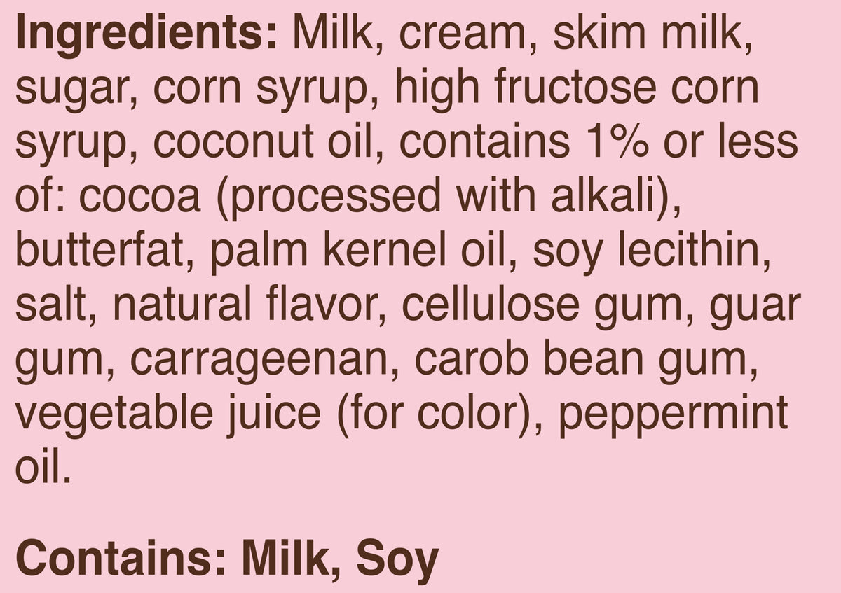 Blue Bell Peppermint Bark Ice Cream Pints Ingredient Listing and Allergens stating 'Contains: Milk, Soy.'