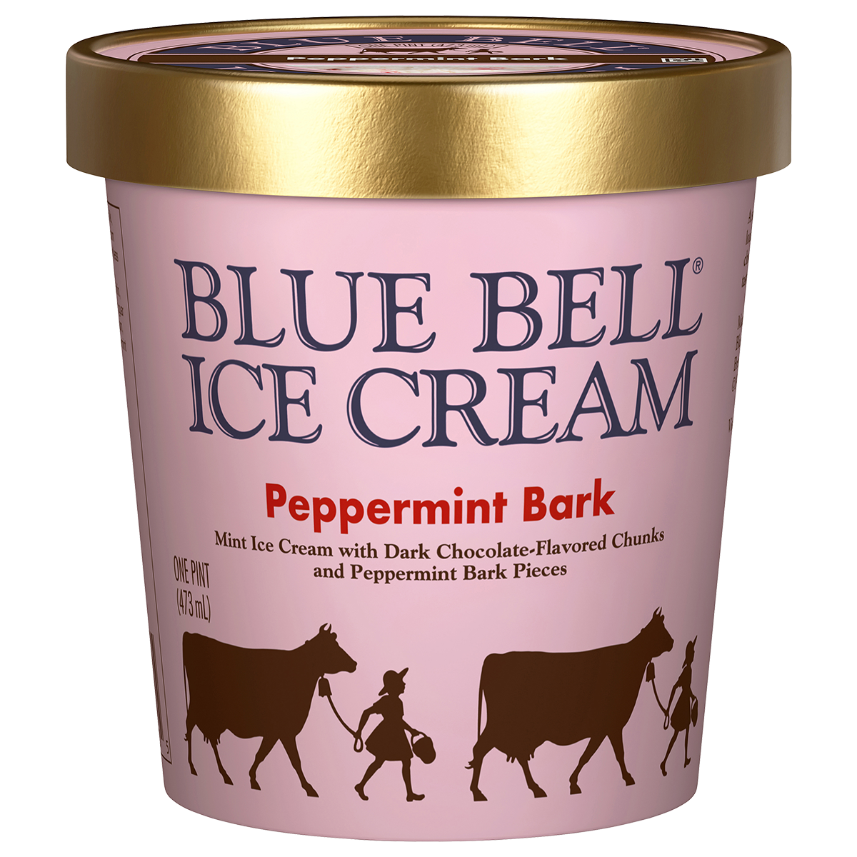 Pint of Blue Bell Peppermint Bark ice cream in pink carton with gold lid
