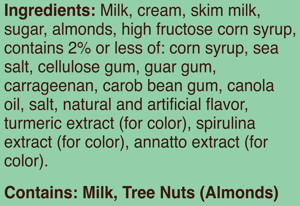 Blue Bell Pistachio Almond Ice Cream Pints Ingredient Listing and Allergens stating 'Contains: Milk, Tree Nuts (Almonds).'