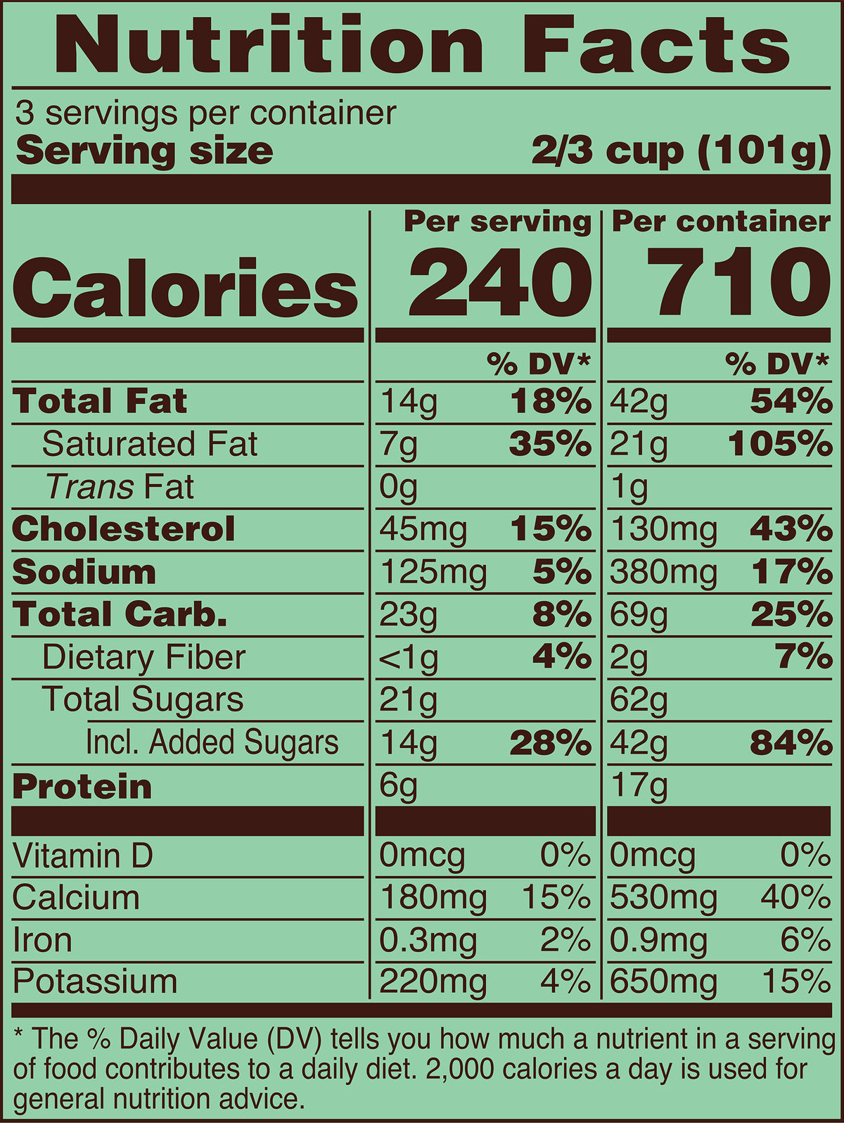 Blue Bell Pistachio Almond Ice Cream Pints Nutrition Facts label showing a serving size of 2/3 cup (101g) with 240 calories, listing nutrients such as total fat, cholesterol, sodium, and protein per serving.