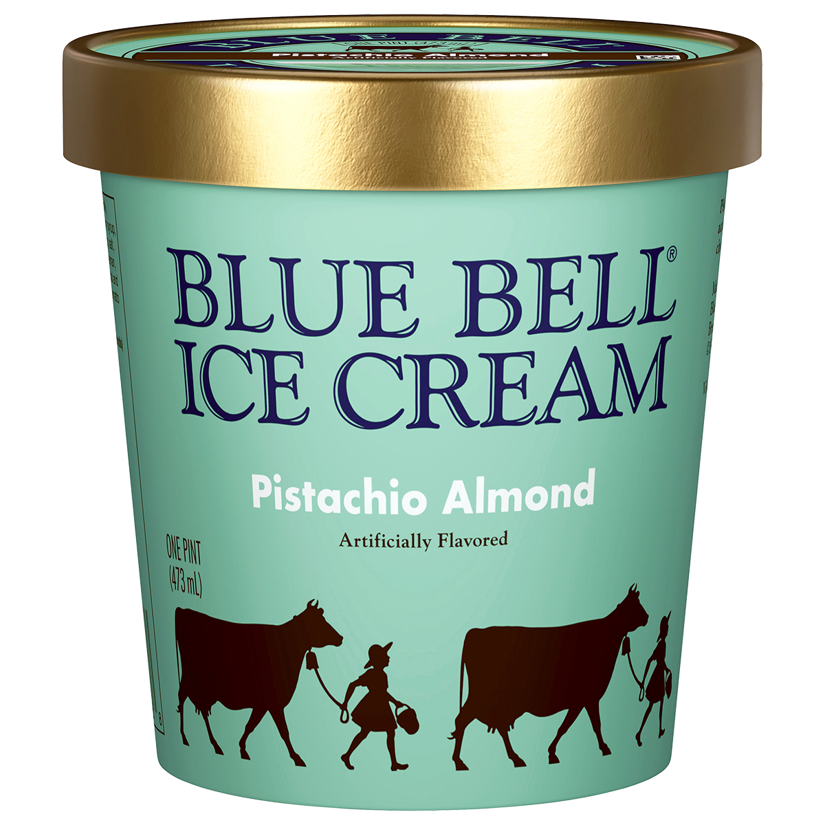 Pint of Blue Bell Pistachio Almond ice cream in green carton with gold lid 
